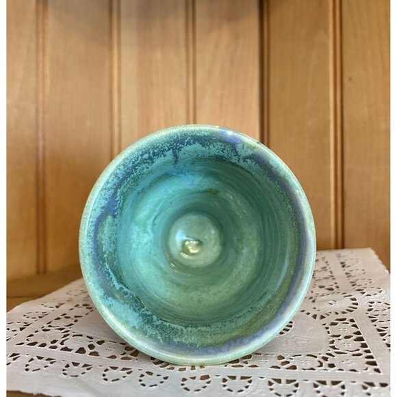 Handcrafted Studio Ceramic Pottery Blue Green Artist Signed Goblet Planter Vase - Picture 7 of 7